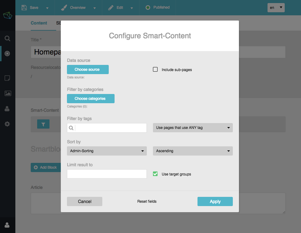 Enable target groups in the SmartContent