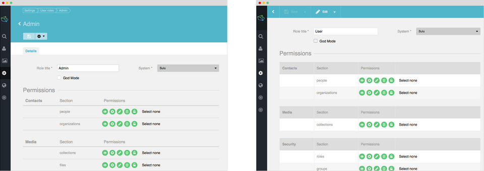 This example shows the old version with a large header (left) and the new small header bar (right)